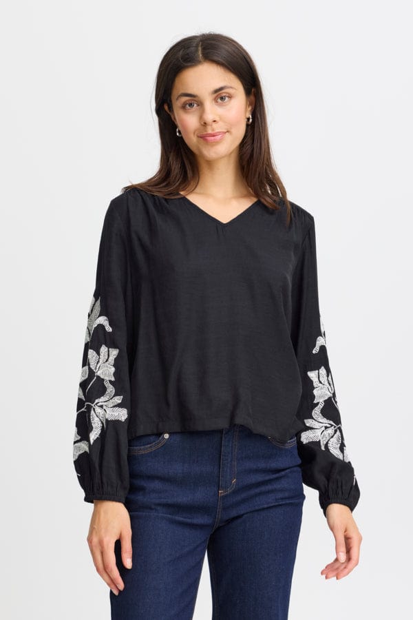 Fransa Floral Detail Blouse Black White