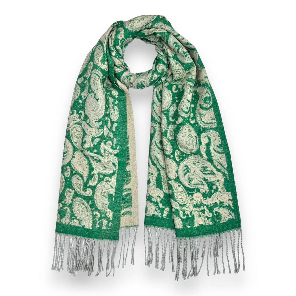 London Scarves - Elegant Paisley Wool Blend Scarf with tassels Green