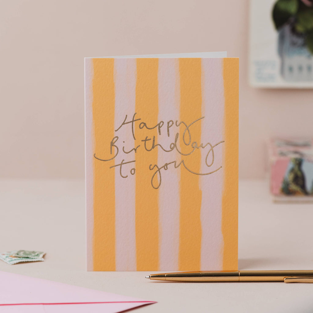 Oh Squirrel - 'Happy Birthday to You' Mustard Stripe + Rose Gold Foil Card Cellophane