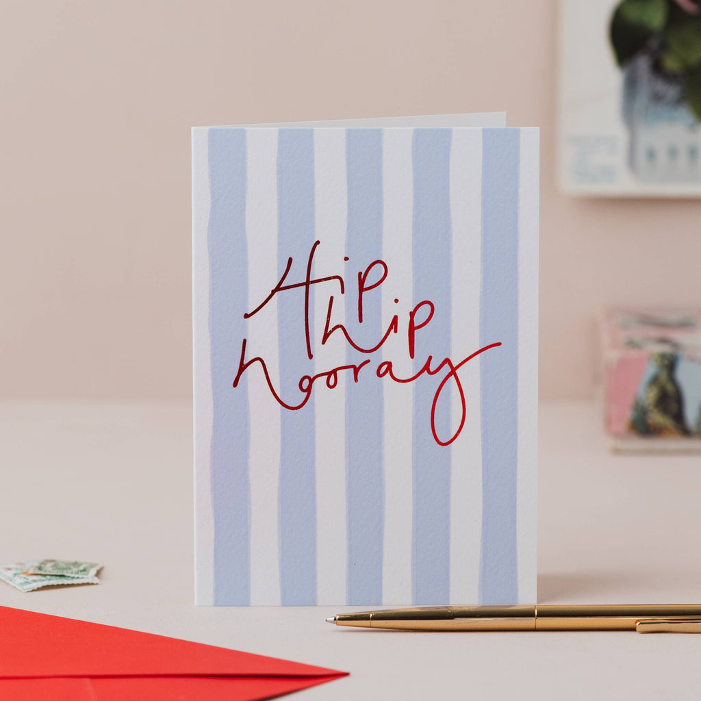 Oh Squirrel - 'Hip Hip Hooray' Blue Stripe and Red Foil Lettering Card Cellophane