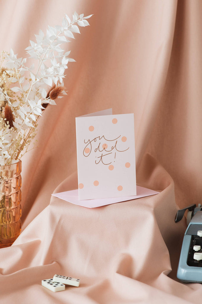 Oh Squirrel - 'You did it!' Rose Gold Foil Peach Polka Dot Card Cellophane