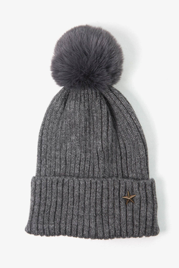 Sarta - Dark Grey Metal Star Pom Pom Hat with Antique Gold Star