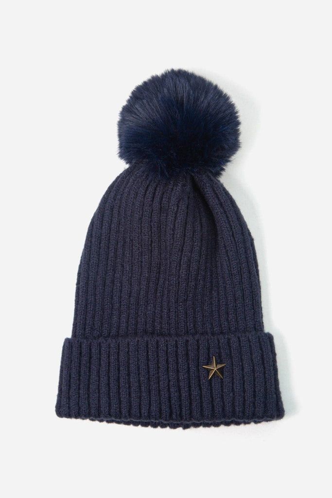 Sarta - Navy Blue Metal Star Pom Pom Hat with Antique Gold Star