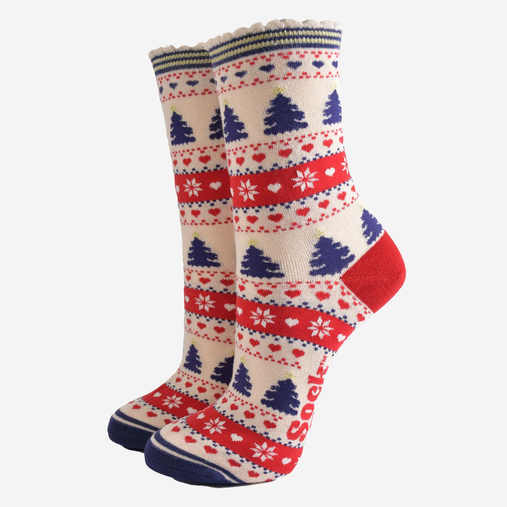 Sock Talk - Women's Bamboo Socks - Cream/Red, Christmas Tree Fair Isle UK 3-7 | EU 36-40 | US 5-9