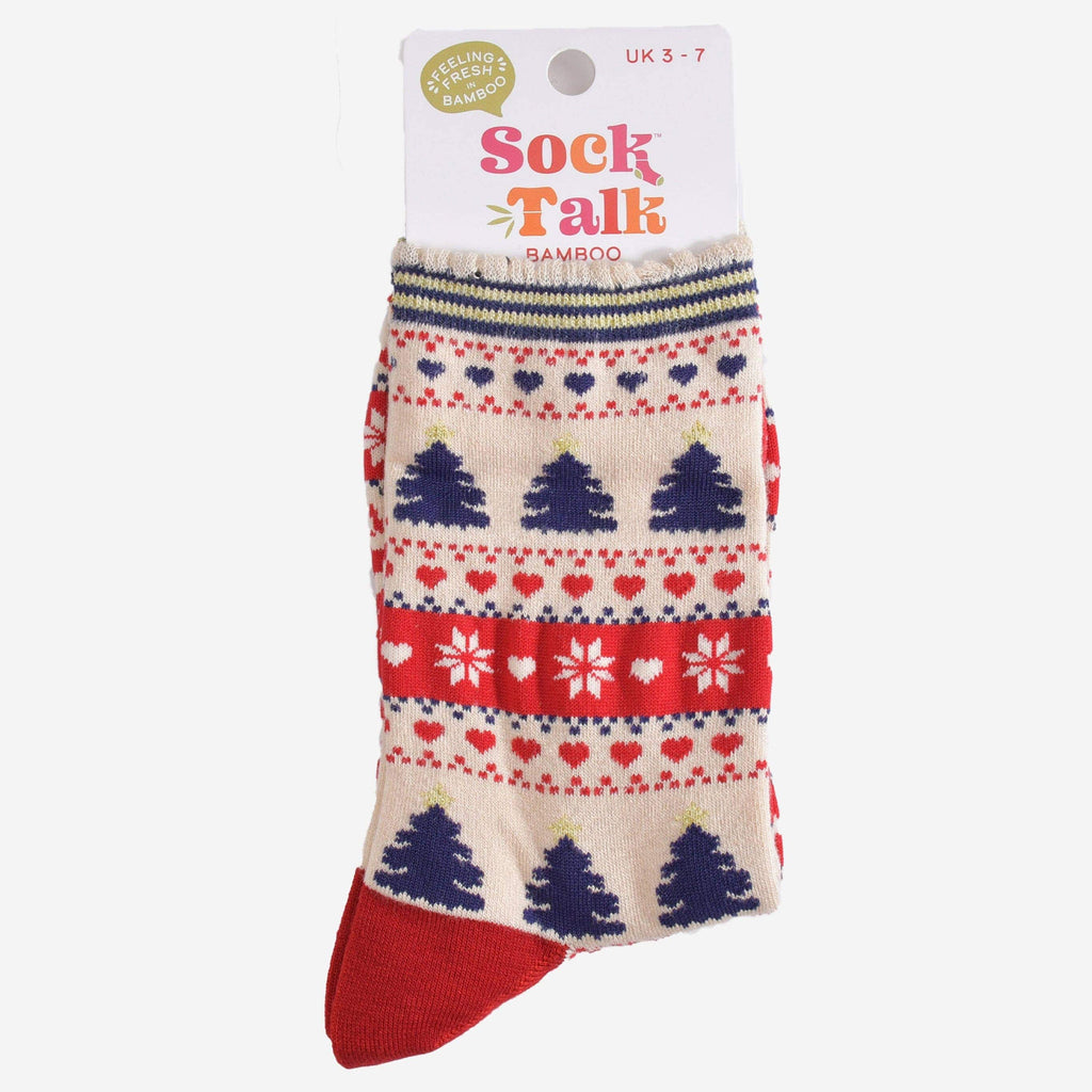 Sock Talk - Women's Bamboo Socks - Cream/Red, Christmas Tree Fair Isle UK 3-7 | EU 36-40 | US 5-9