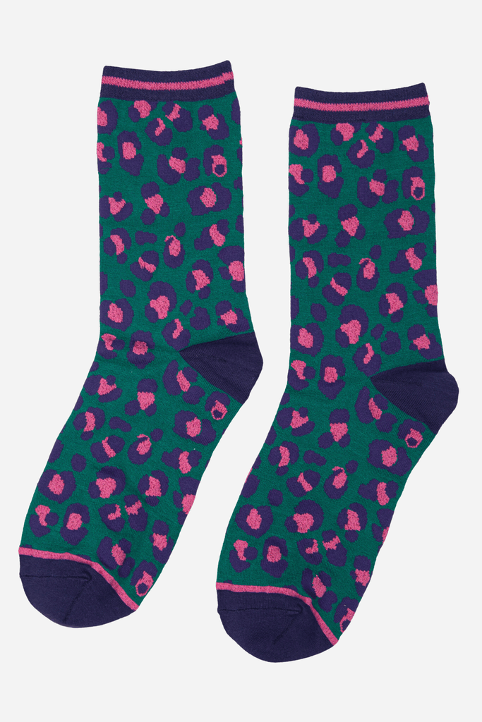 Sock Talk - Women's Bamboo Socks Leopard Print Ankle Socks Green Pink UK 3-7 | EU 36-40 | US 5-9