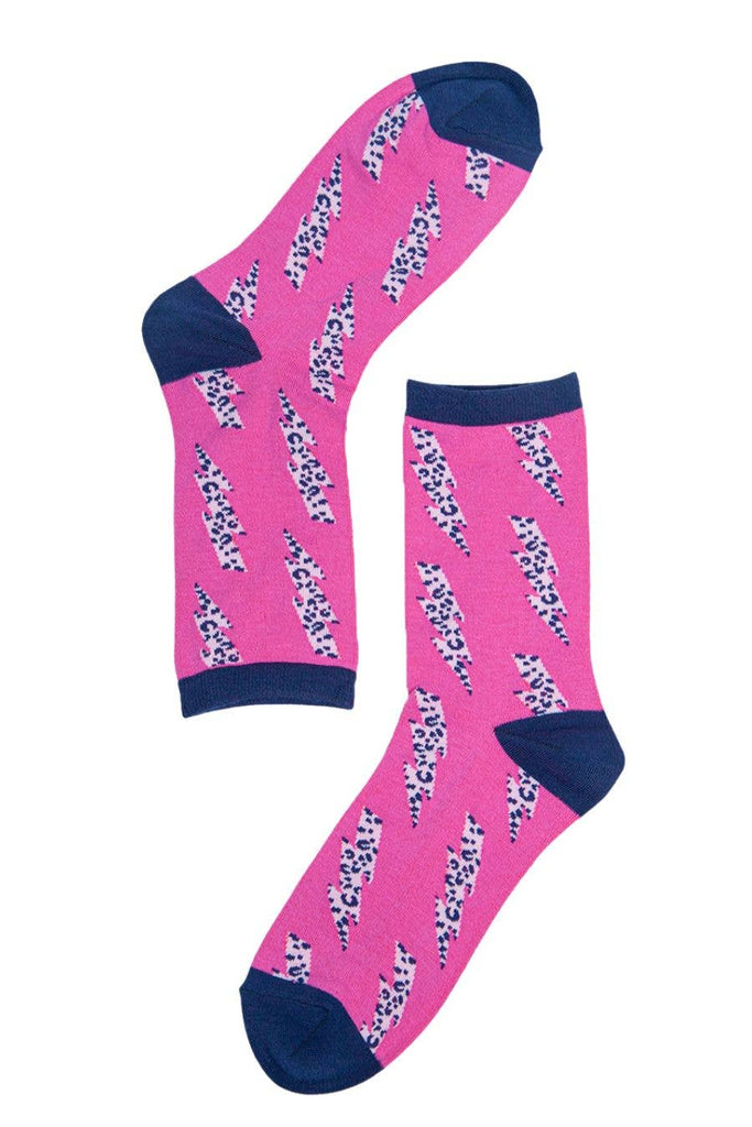 Sock Talk - Womens Bamboo Socks Leopard Print Socks Lightning Bolt Pink